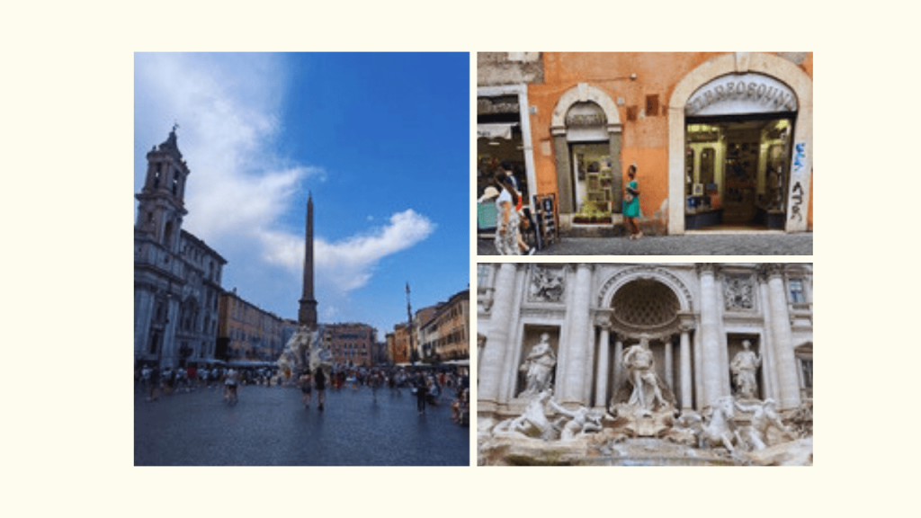 A collage of personal photos from Rome, Italy, featuring the Trevi Fountain and Piazza Navona, illustrating the beautiful reality of moving abroad for studies.