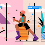 A colorful digital illustration of a young woman traveler sitting on her orange suitcase at an airport departure gate, symbolizing the emotional journey of moving abroad.