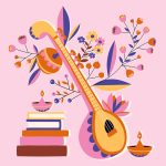 A vibrant, flat-design illustration featuring a traditional stringed instrument leaning against a stack of five colorful books, surrounded by whimsical floral branches and two glowing oil lamps on a soft pink background.