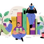 A whimsical flat-design illustration featuring three people engrossed in reading books against a backdrop of oversized, colorful book spines and lush potted plants. One person sits atop a giant book, while the others lounge comfortably on the ground, capturing a cozy and studious atmosphere.