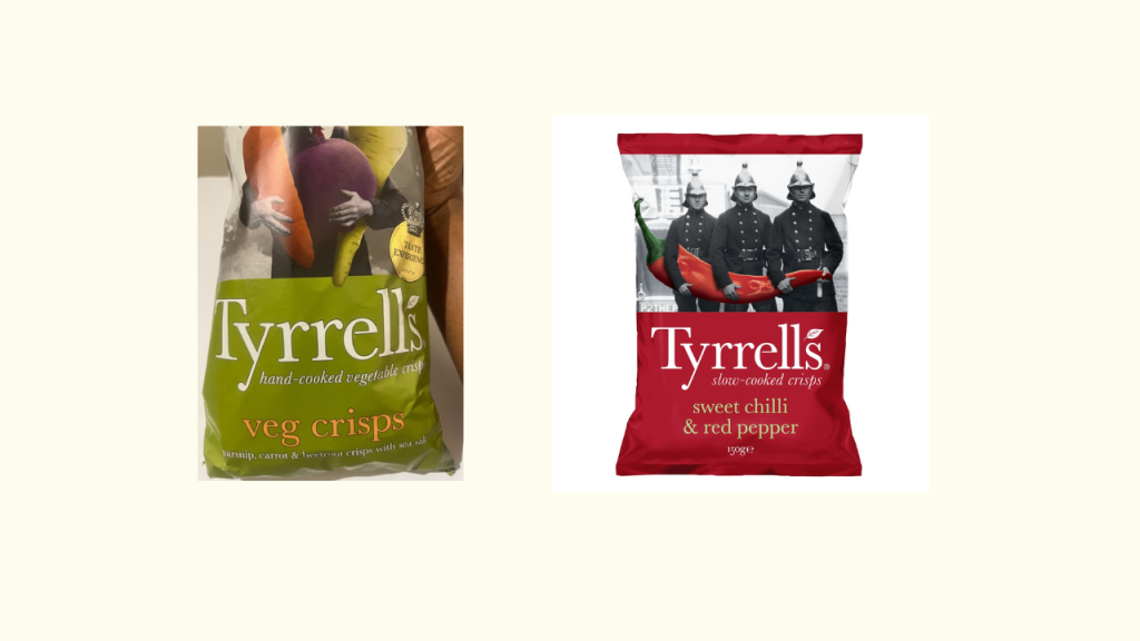 Tyrrells veggie crisps and sweet chili chips packaging